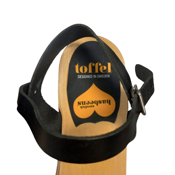 Swedish Hasbeens Toffel Wooden Leather Sandals Womens 41 Ankle Strap Black Clog - Picture 4 of 9